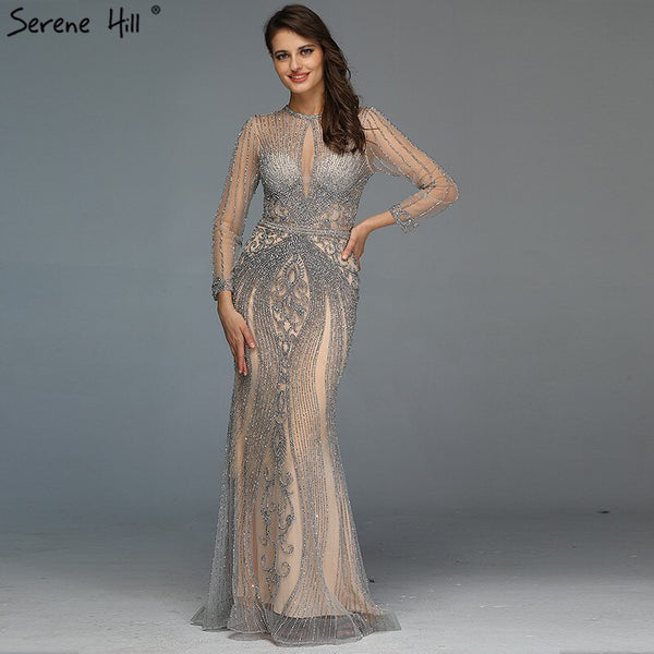 Dubai Long Sleeves Grey Luxury Evening Dresses O-Neck Full Diamond Mermaid Formal Dress 2023 Serene Hill Plus Size LA70116
