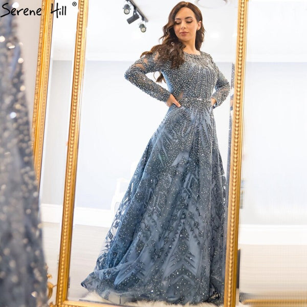Dubai Luxury Designer Navy Blue Lace Beaded  A line Muslim  Long Evening Dresses 2023 Formal Dress Serene Hill Plus Size LA60900