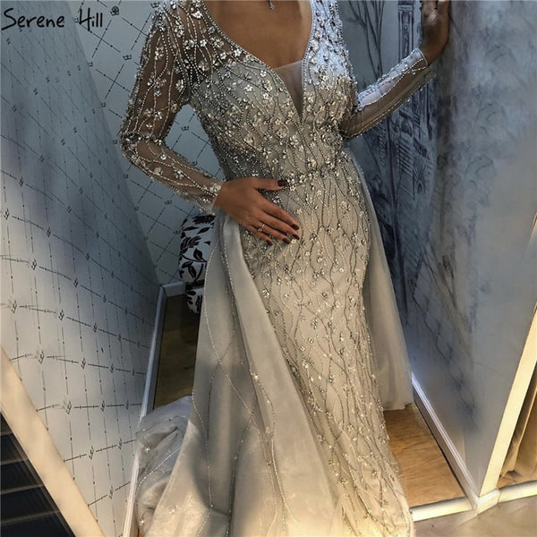Dubai Luxury Grey With DetachableTrain Evening Dresses 2024 Long Diamond Mermaid Beading Formal Dress Serene Hill LA70341
