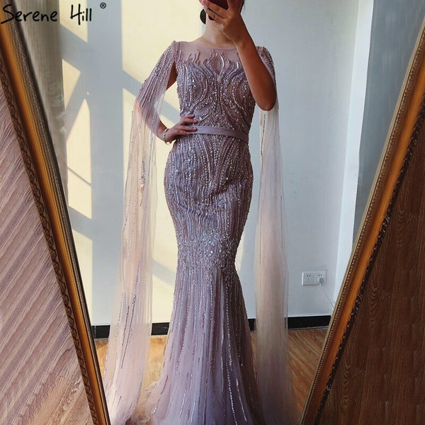 Dubai Pink Luxury Long Sleeves Evening Gowns 2023 Mermaid Sequins Beading Sexy Fromal Dresses Serene Hill LA70160