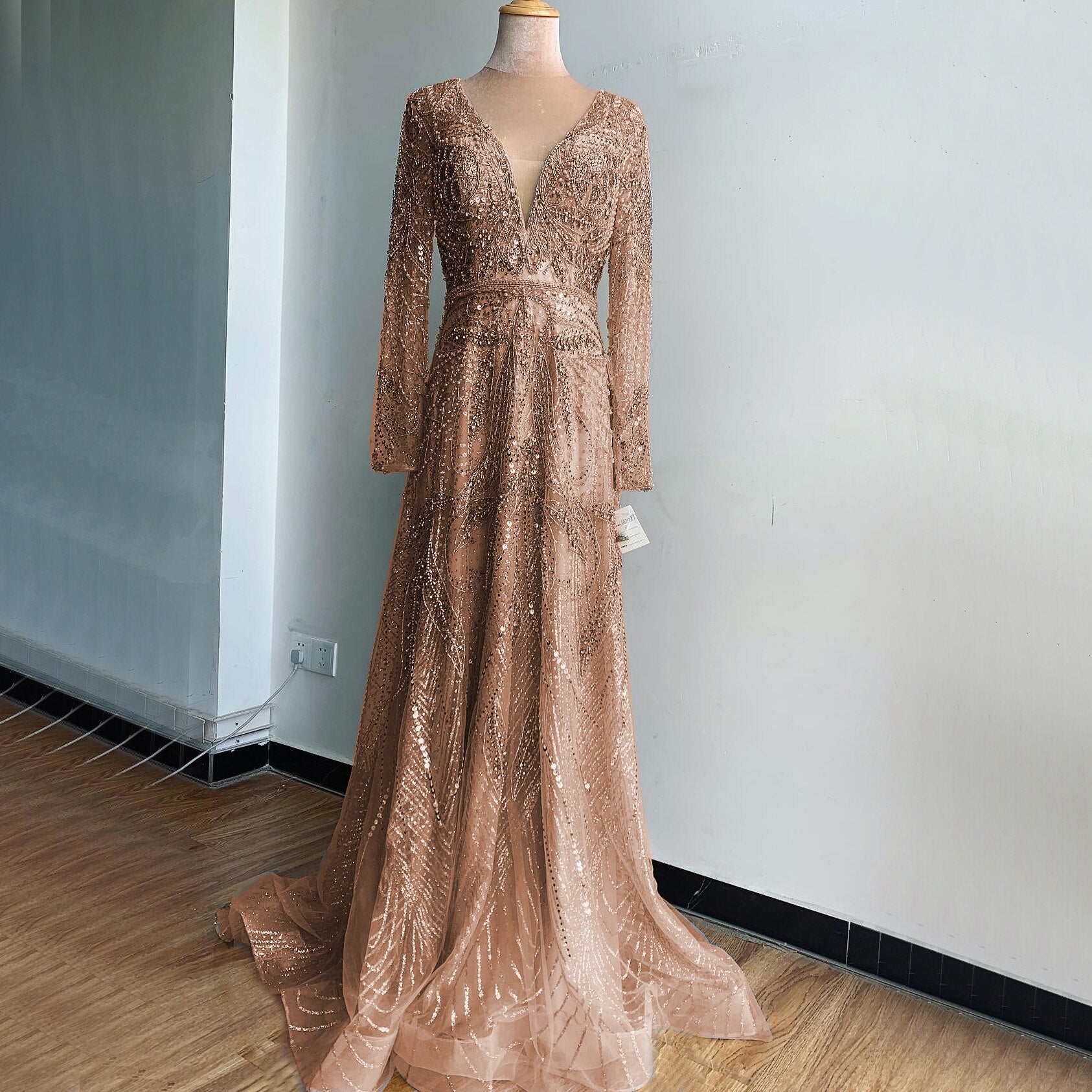 Champagne prom dresses long sleeve beading sequins detachable train crystal beading evening dresses S23375 main image 0