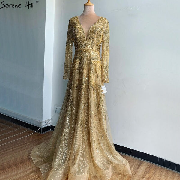 Gold A-Line V-Neck Luxury Sexy Evening Dresses 2023 Pearls Crystal Long Sleeves Fromal Gown Serene Hill LA70287L