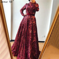Muslim High Neck  Wine Red Sparkle Wedding dress 2023 Long Sleeve Sequined Luxury A-Line Evening Gowns LA70530