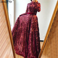 Muslim High Neck  Wine Red Sparkle Wedding dress 2023 Long Sleeve Sequined Luxury A-Line Evening Gowns LA70530