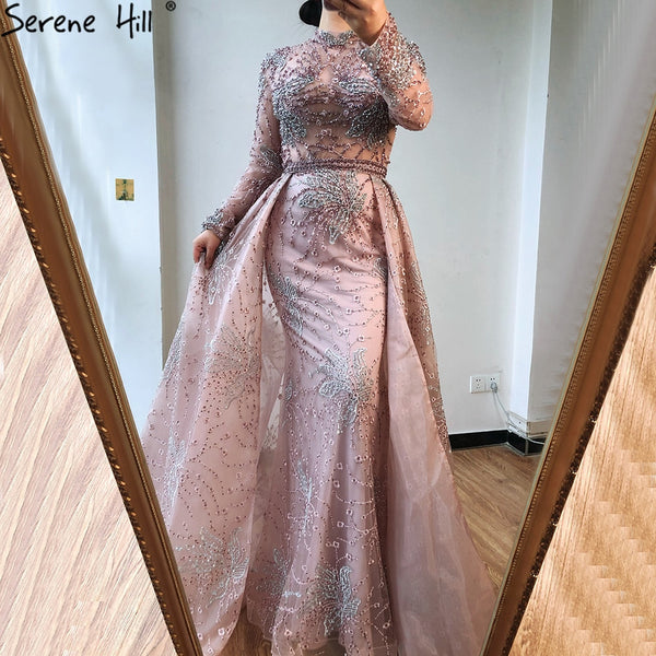 Pink Mermaid Crystal Long Sleeves Evening Dresses 2023 Dubai High Neck Sparkle Formal Dress Serene Hill LA70582