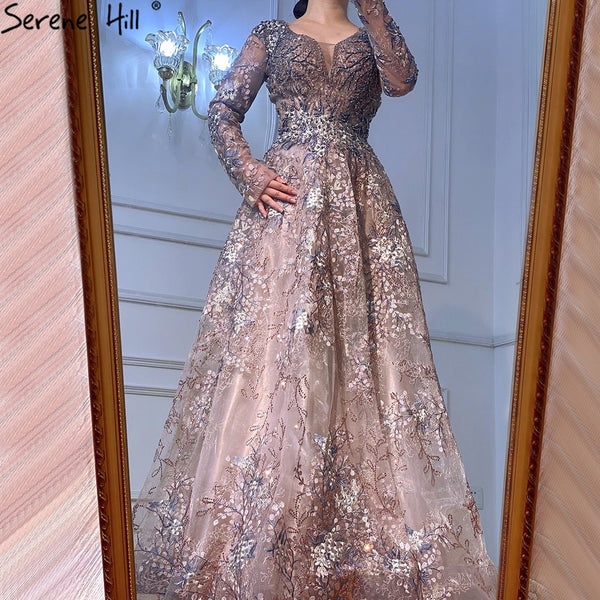 SERENE HILL  Muslim Pink  Luxury Evening Dresses Gowns 2023 Beading A-Line Sparkle For Woman Wedding Party LA71026