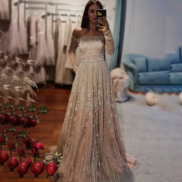 Serene Hill Arabic Nude Sexy Boat Neck A Line Beaded Long Evening Dresses Gowns For Women Wedding Party Plus Size 2023 LA71803B