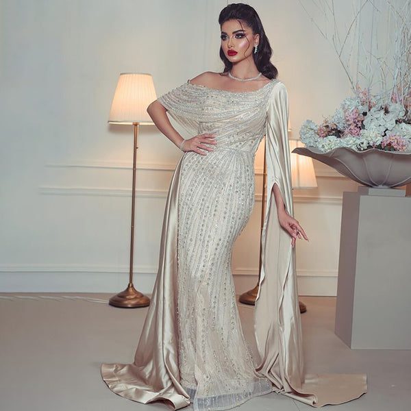 Serene Hill Beige One Shoulder Cape Sleeve Elegant Mermaid Beaded Luxury Evening Dresses Gowns 2023  For Woman Party LA71694