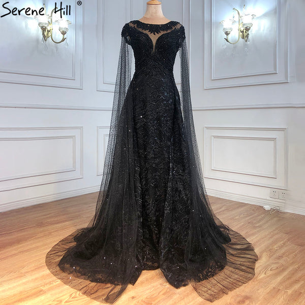 Serene Hill  Black  Sleeves  Luxury  2023 Lace Beaded Cape Sleeves  Mermaid Evening Gowns Elegant For Woman Party  LA71173