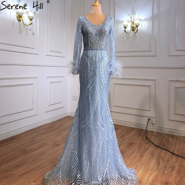 Serene Hill Blue Mermaid Luxury Evening Dresses Gowns Feather Beading Luxury Elegant For Women Party  Plus Size 2023 LA70968