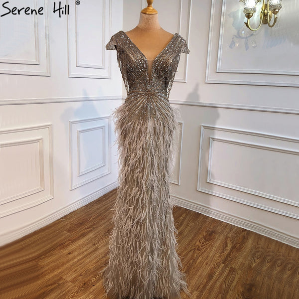 Serene Hill Brown Mermaid Elagant Luxury Evening Dresses Gowns 2023 Feathers Beading For Women Party  LA70801