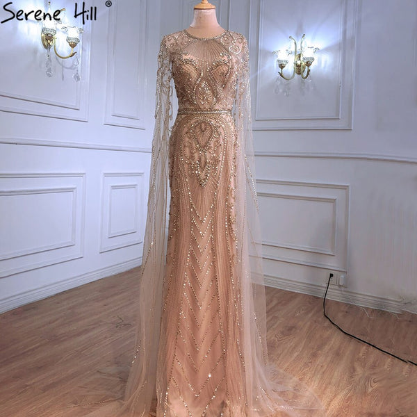 Serene Hill Gold Elegant Mermaid Evening Dresses Gowns 2023 Luxury With Cape Sleeves Beading For Women Party LA70970
