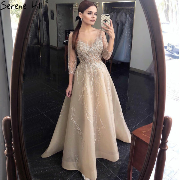Serene Hill Gold Luxury A-Line Evening Dresses Gowns 2023 Beading Sparkle Sexy For Women Party  LA70823