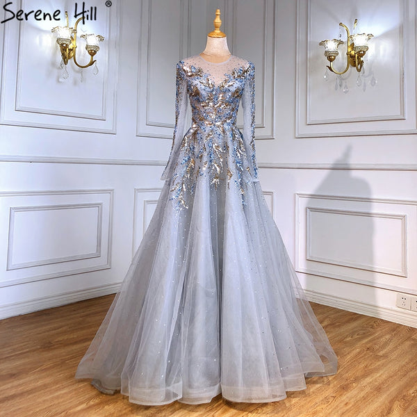 Serene Hill Gold Muslim Luxury Evening Dresses Gowns 2023 A-Line Beaded Sparkle For Women Party  LA71387