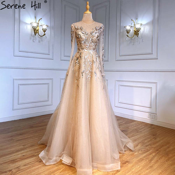 Serene Hill Gold Muslim Luxury Evening Dresses Gowns 2023 A-Line Beaded Sparkle For Women Party  LA71387