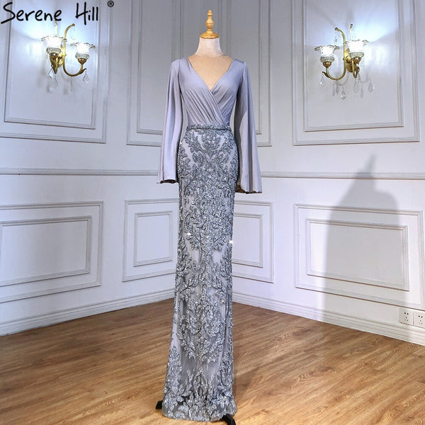 Serene Hill Grey Luxury Mermaid Evening Dresses Gowns  Elegant Beaded Lantern Sleeve For Women Party  LA71484