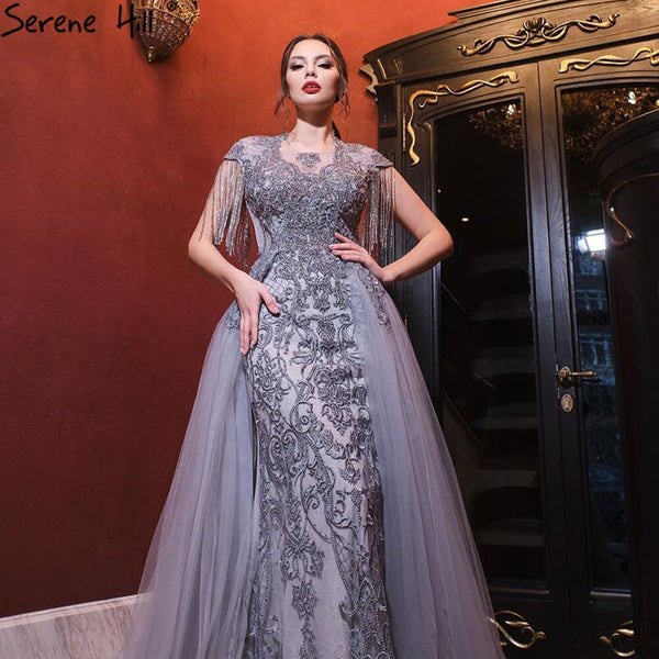 Serene Hill Grey Luxury With Train Evening Dresses Gowns 2023 Cap Sleeves Beading Mermaid For Women Party LA60845