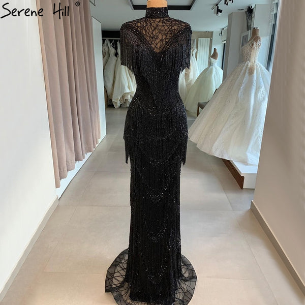 Serene Hill Grey Mermaid Luxury Evening Dresses Gowns Cap Sleeves Beading Tassel Sexy For Women Party 2023 LA70529