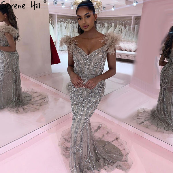 Serene Hill Lilac Luxury Mermaid Evening Dresses Gowns 2023 Elegant Feathers Beading Sexy For Women Party LA70830