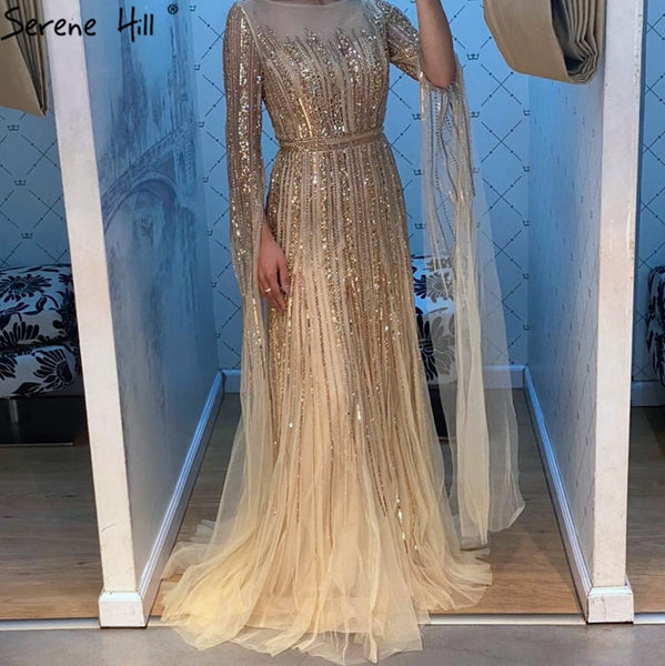 Serene Hill Luxury  Gold  Beading A-Line  Cape Sleeves Evening  Gown For Woman Dresses 2023 Fromal Dress  LA70637