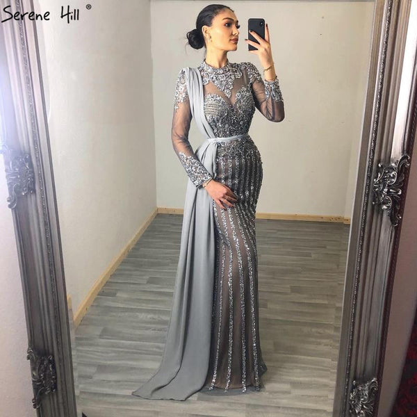 Serene Hill  Luxury Muslim Gray Luxury Long Elegant with Detachable Train Mermaid Evening Gowns Dresses  For Woman LA70199