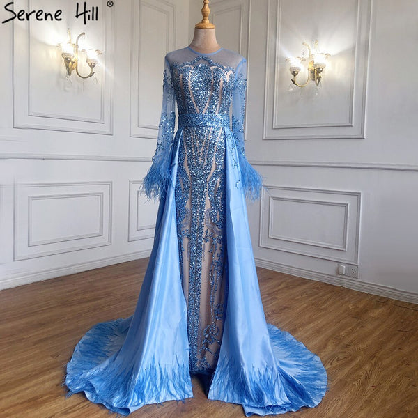 Serene Hill Muslim Blue Detachable Skirt Evening Dresses Gowns 2023 Feathers Beaded  Mermaid Luxury For Women Party LA60932A