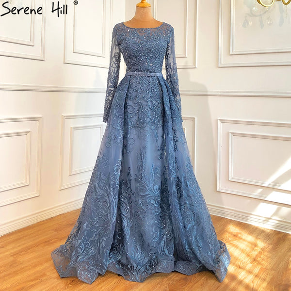 Serene Hill Muslim Blue  Lace Beaded Luxury Evening Dresses Gowns 2023 O-Neck Mermaid Elegant For Women Party LA70834