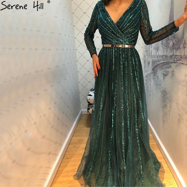 Serene Hill Muslim Green Luxury Elegant Evening Dresses Gowns 2023 Long Sleeves Beading For Women Party LA70790