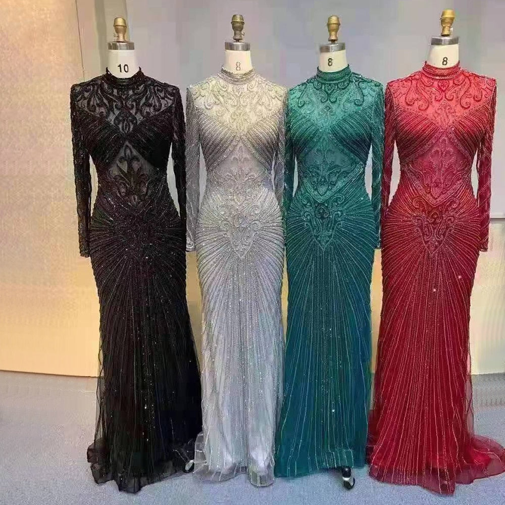 Serene Hill Muslim Pink A Line Beaded Luxury Dubai Long Evening Dresses Gowns   For Woman Wedding Party