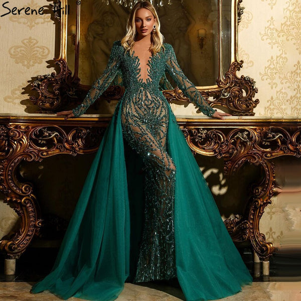 Serene Hill Muslim Green With Train Evening Dresses Gowns 2023 Mermaid Beading Elegant Luxury For Women Party LA71107