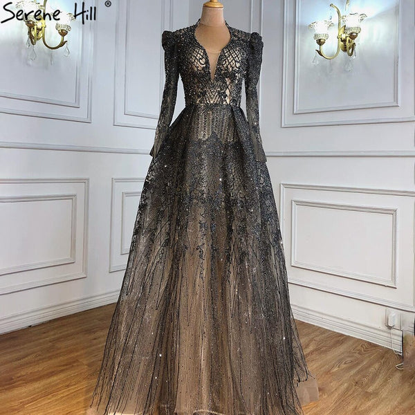 Serene Hill Muslim Grey Elegant Evening Dresses Long 2024 A-Line Beaded Wedding Party Gowns For Woman LA71126