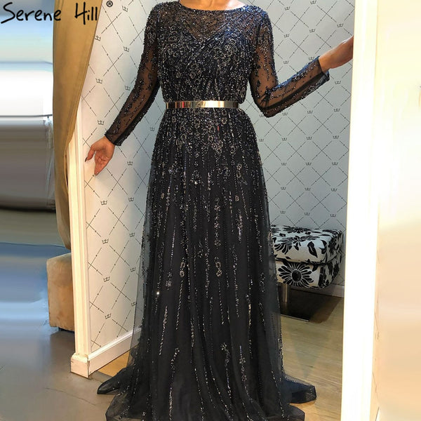 Serene Hill Muslim Navy Blue Luxury Evening Dresses Gowns 2023 A-Line Beaded Crystal For Women Party LA71145