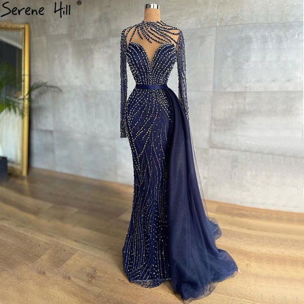 Serene Hill Muslim Navy Blue Luxury Evening Dresses Gowns 2023 Beaded Mermaid Elegant For Women Party LA71359