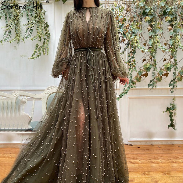 Serene Hill Muslim Olive Green Evening Dresses Gowns 2023 Luxury Pearls Long Lantern Sleeve For Women Party LA70885