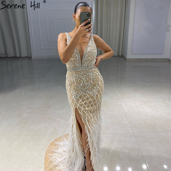 Serene Hill Nude Pink Mermaid High Split Elegant Evening Dresses Gowns 2023 Luxury Feathers Beading Sexy For Women Party LA70791