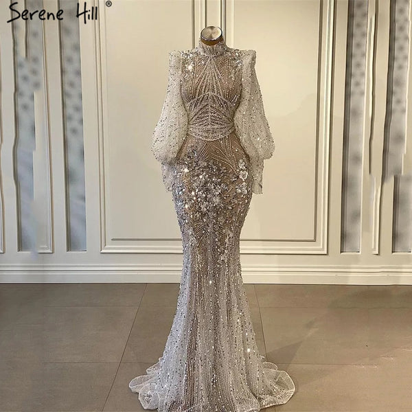 Serene Hill Silver Mermaid Luxury Evening Dresses Gowns 2023 Full Sleeves Beading Elegant For Women Party LA71036