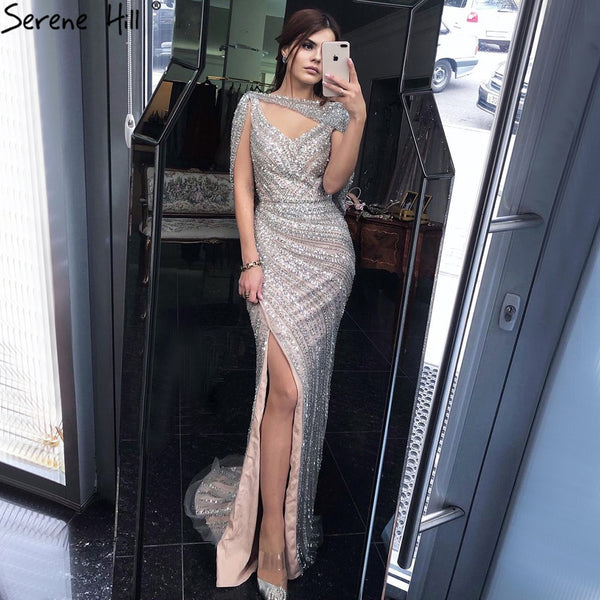 Serene Hill Silver Nude Luxury Mermaid Evening Dresses Gowns 2023 Beading Sparkle Elegant For Women Party  LA70752