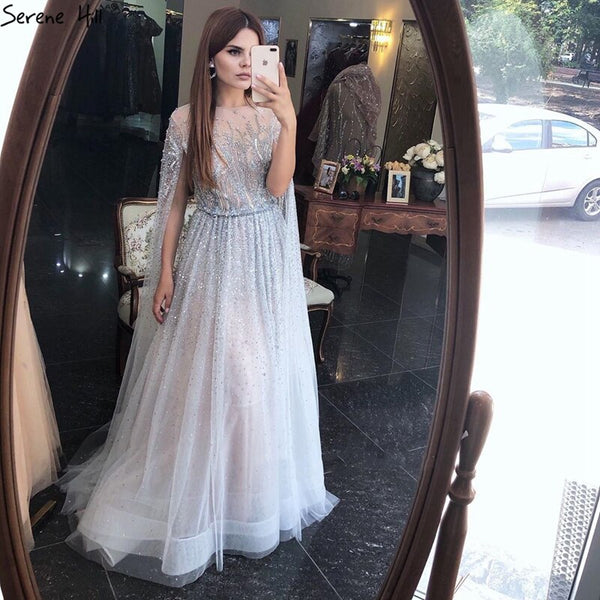 Sliver Arabic Luxury Beading Cape Sleeves  A-Line Evening Dresses 2023 O-Neck A-Line Sexy Evening Gowns cerene Hill LA60869