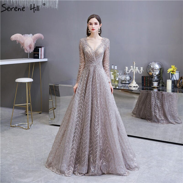 khaki  Muslim Arabia Crystal  Beading Evening Dresses  Gowns For Woman 2023  Long Sleeve Formal Dress Design Serene Hill LA70430