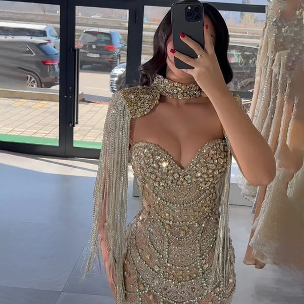 Luxury Nude Evening Dress Beaded with Tassel Short Cape LA72876
