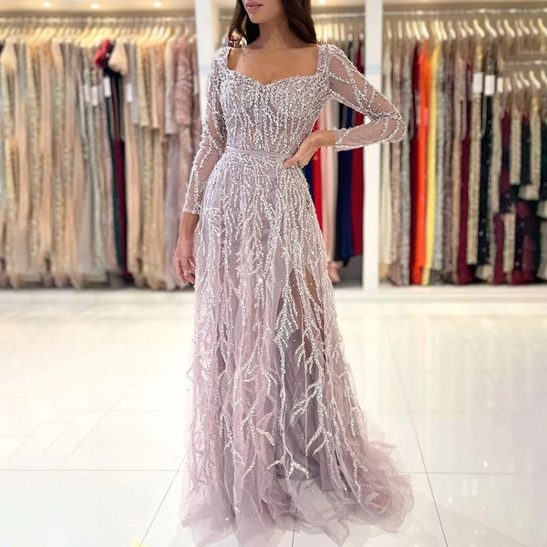 Arabic Pink High Split Beaded Luxury Dubai Long Evening Dresses Gowns For Women Wedding Party  LA71917