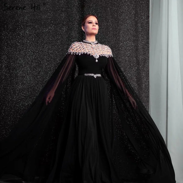 Black Diamond  Caple Sleeves Chiffon Evening Dress Dubai Design High Neck  Gowns   Luxury Dubai LA60718