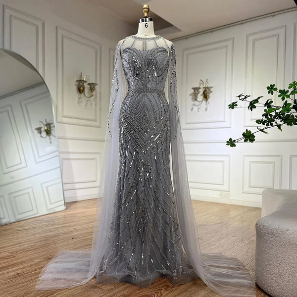 Arabic Gray Mermaid Evening Dress With Beaded Elegant Cape Sleeves Gown For Formal Occasion LA72611