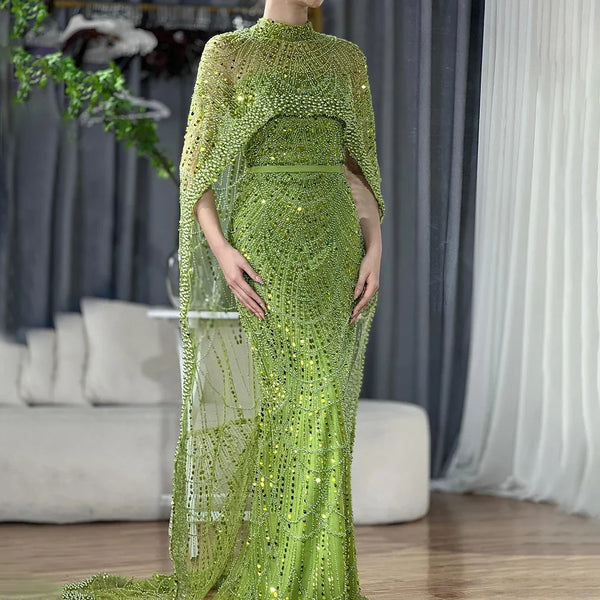 Arabia Nude Mermaid Long Cape Luxury Evening Dresses Gowns  For Formal Occasion LA72032