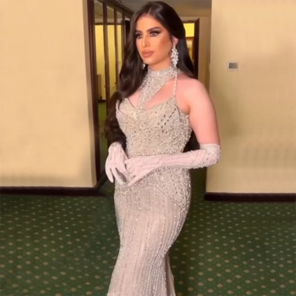 Caramel Mermaid Halter Sleeveless With Gloves Beaded Evening Gowns  Elegant Party Dresses For Women LA72232