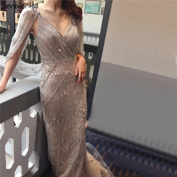 Dubai Grey Nude  Sexy Evening Dresses 2025 Crystal Sleeveless Shawl Yarn Formal Serene Hill LA70382