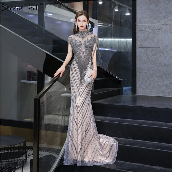 Dubai Luxury High-end  Evening Dresses 2025 Champagne Grey Beaded Tassel Formal Serene Hill LA60811