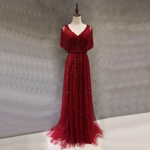 Serene Hill Dubai Red Luxury A-Line Sexy Evening Dresses 2025 Half Sleeves Beading Crystal Formal Dress Design Real Photo LA70458