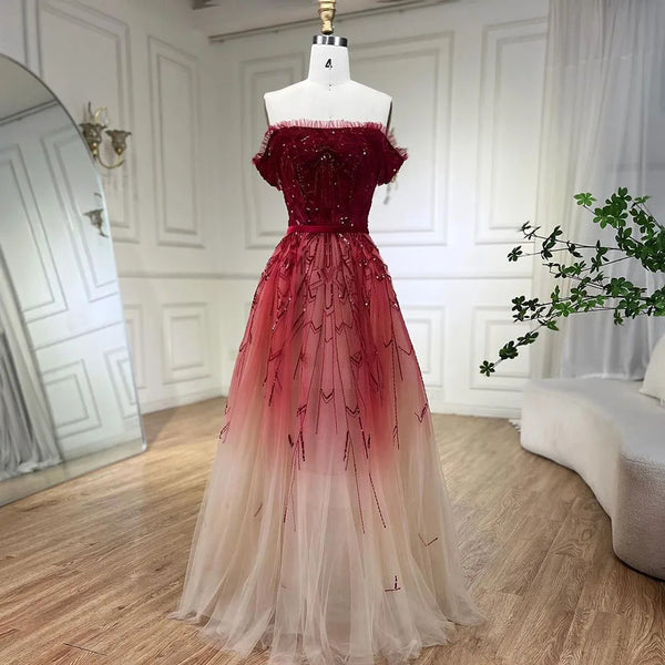 Gradual Change Red A-Line Sexy Evening Dresses 2025 Beading Sequins Boat Neck Formal Dress Design Serene Hill LA70516