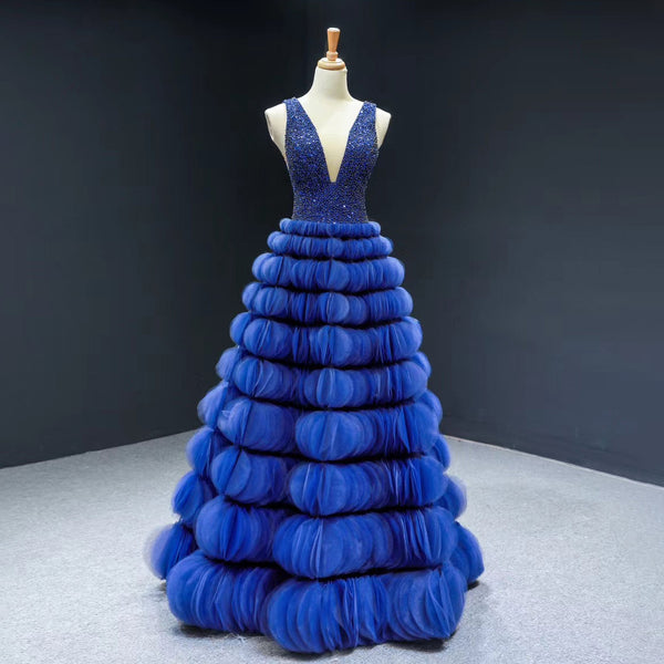 Luxury Blue Puffy Wedding Dress Deep Beaded Tulle Evening Dress MH66931